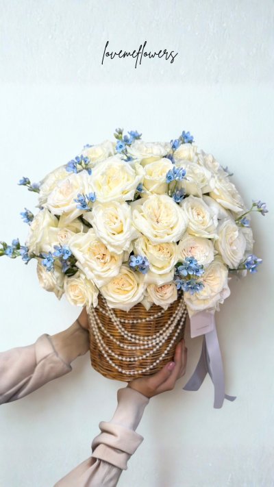 60 White Roses Basket - Butterfly and Pearl