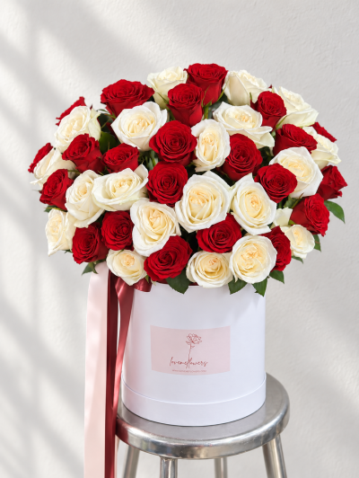 50 Luxury Red & Cream Rose Flower Box Gift