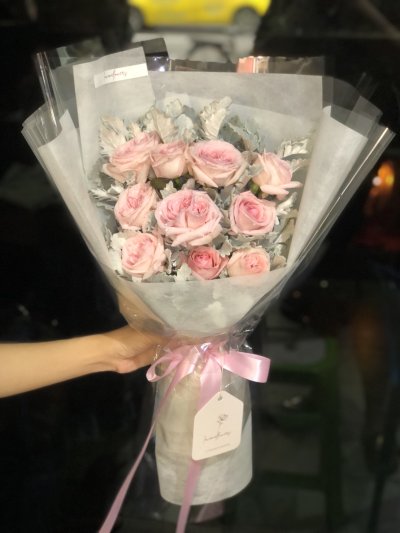 Pink Rose with Snow leaves