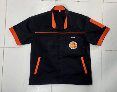 เสื้อช็อป Workshop shirt เอวจั๊ม ปกเชิ้ต สีดำ แต่งส้ม