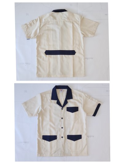 เสื้อช็อป Workshop shirt สีครีมอ่อน ทรงตรง แต่งสีกรม