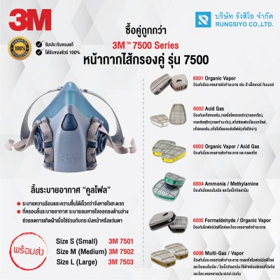 หน้ากากครึ่งหน้าชนิดไส้กรองคู่ รุ่น 7502 3M #M