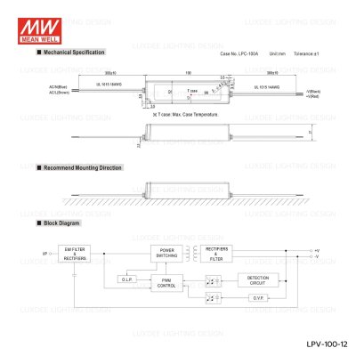 MEANWELL สวิตซ์ชิ่ง หม้อแปลง 100W 12V กันน้ำ IP67 รุ่น LPV-100-12