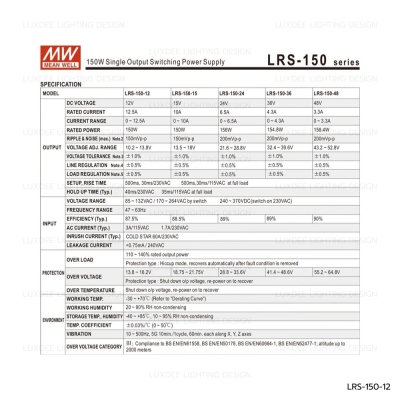 MEANWELL สวิตซ์ชิ่ง หม้อแปลง 150W 12V รุ่น LRS-150-12