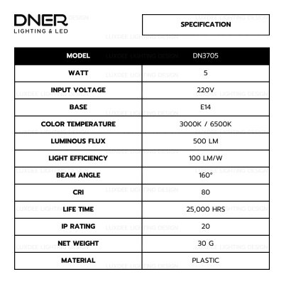 DNER หลอดไฟ LED CANDLE 5W ขั้ว E14