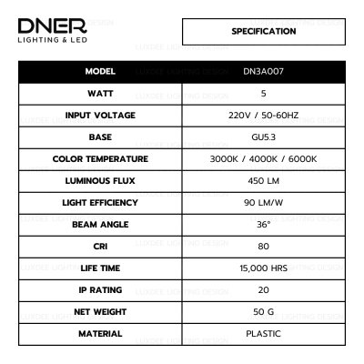 DNER หลอดไฟ LED MR16  5W 220V ขั้ว GU5.3