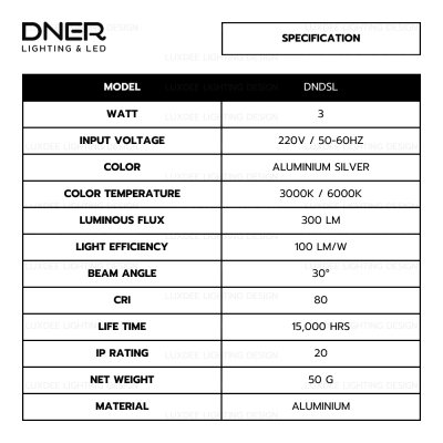 DNER โคมไฟดาวน์ไลท์ LED ฝังฝ้า ปรับหน้าได้ ขนาด 2 นิ้ว 3W 220V สีเงิน DNER โคมไฟดาวน์ไลท์ LED ฝังฝ้า ปรับหน้าได้ ขนาด 2 นิ้ว 3W 220V สีเงิน