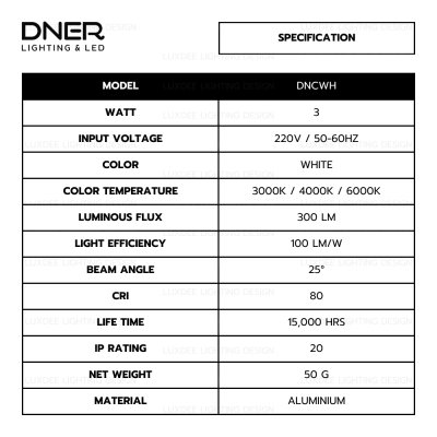 DNER โคมไฟดาวน์ไลท์ LED ฝังฝ้า ปรับหน้าได้ ขนาด 2 นิ้ว 3W 220V สีขาว