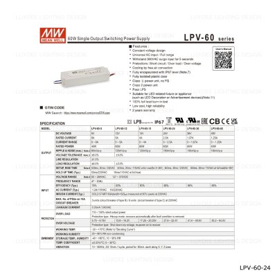 MEANWELL สวิตซ์ชิ่ง หม้อแปลง 60W 24V กันน้ำ IP67 รุ่น LPV-60-24
