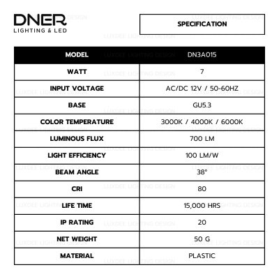 DNER หลอดไฟ LED MR16  7W 12V ขั้ว GU5.3