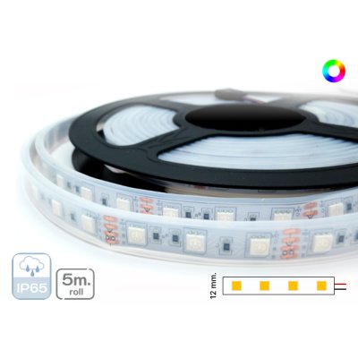 ไฟเส้น กันน้ำ LED 12V 5050/60LEDS 14.4W/M. IP65  12มม. 5ม./ม้วน RGB