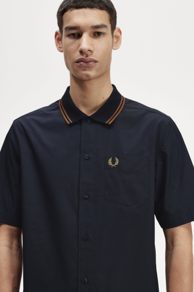 FRED PERRY Short Sleeve Knitted Collar Shirt M6629 in Navy