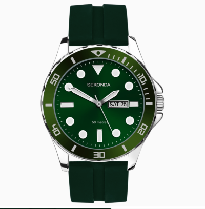 Sekonda Balearic Men's Watch | Silver Alloy Case & Green Rubber Strap with Green Dial | 30119
