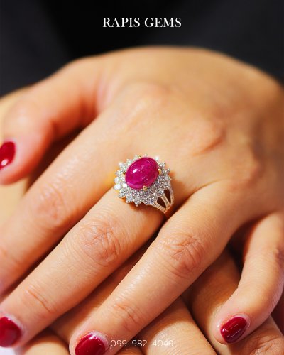แหวนทับทิมแท้ ล้อมเพชร ทองคำแท้ ดีไซน์เจ้าหญิ Gold Ruby Ring with Diamond Halo