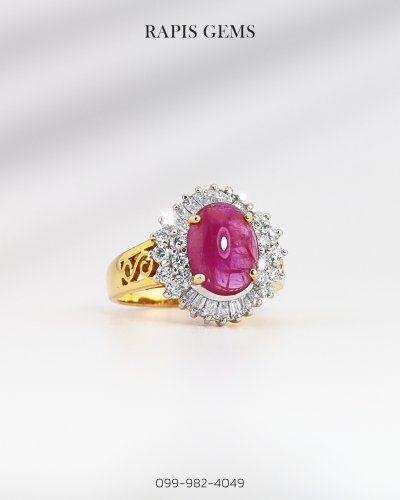 แหวนทองฝังทับทิมล้อมเพชรแท้ เสริมเสน่ห์และบารมี Gold Ruby Ring with Diamond Halo