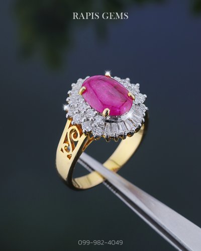 แหวนทองฝังทับทิมล้อมเพชรแท้ เสริมเสน่ห์และบารมี Gold Ruby Ring with Diamond Halo