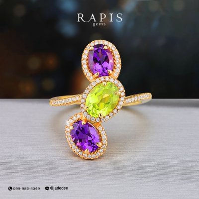 Gold Gemstone Ring with Diamond Halo