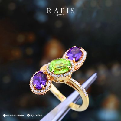 Gold Gemstone Ring with Diamond Halo