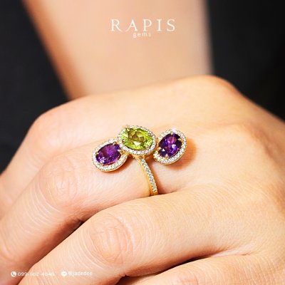 Gold Gemstone Ring with Diamond Halo