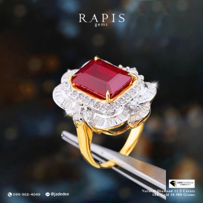 แหวนทองคำหัวทับทิม ล้อมเพชรแท้ ดูแพงแบบผู้หญิงไฮโซ Gold Ruby Ring with Diamond Halo