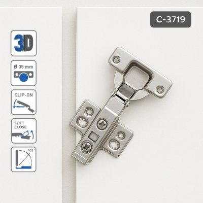 บานพับถ้วย 3D Soft Close ขนาด 35 มม. ระบบ Clip On ปรับ 3 แกน (ลึก-ตื้น, ซ้าย-ขวา, บน-ล่าง)