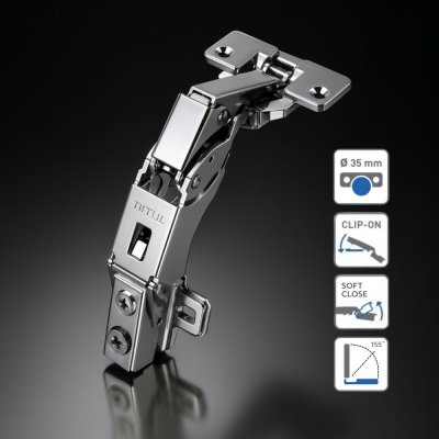บานพับถ้วย Soft Close 35 มม. Two Way Clip On เปิด 155° บานพับตู้เฟอร์นิเจอร์ เปิดกว้าง นุ่มนวล