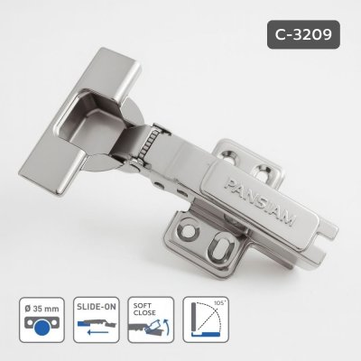 บานพับถ้วยไฮโดรลิก 35 มม. พร้อมฝาปิด Soft Close Slide On ปิดนุ่มนวล เปิดกว้าง 105° (รุ่น C-3209)