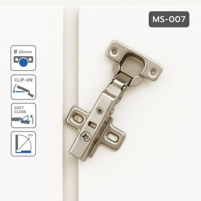 บานพับถ้วย 26 มม. Soft Close ระบบ Clip On ขาตรง/ขากลาง/ขางอ สำหรับตู้เฟอร์นิเจอร์
