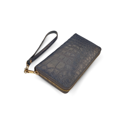 CW01S-M-HSY | GENUINE CROCODILE BELLY LEATHER LONG MEDIUM ZIP WALLET WITH WRIST STRAP