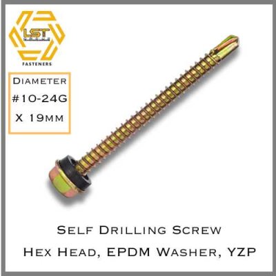 สกรูปลายสว่าน แหวน EPDM ชุบรุ้ง Self Drilling Screw Yellow Zinc Plated เบอร์ #10-24G X 19mm