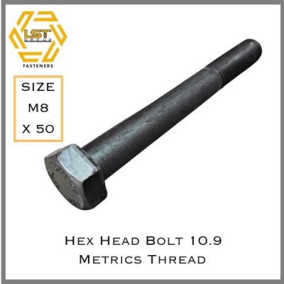 สกรูหัวหกเหลี่ยม สกรูมิลดำ 10.9 M8 x 50 DIN933 DIN931 เกลียวครึ่ง เกลียวตลอด Hex Head Bolt Metrics