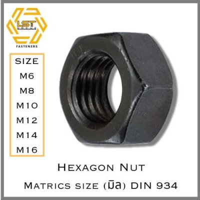 หัวน็อตมิลดำ M6 M16 Hex Nut Class 4 Metric DIN 934