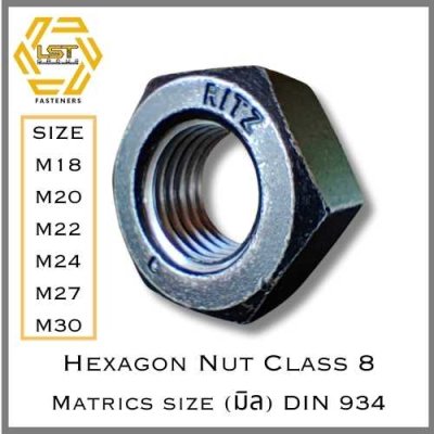 หัวน็อตเหล็กแข็ง S45C Class 8 DIN934 Hex Nut 8.8 M18, M20, M22, M24, M27, M30