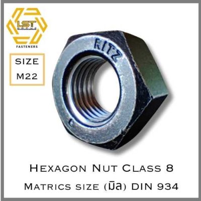 หัวน็อตเหล็กแข็ง S45C Class 8 DIN934 Hex Nut 8.8 M22