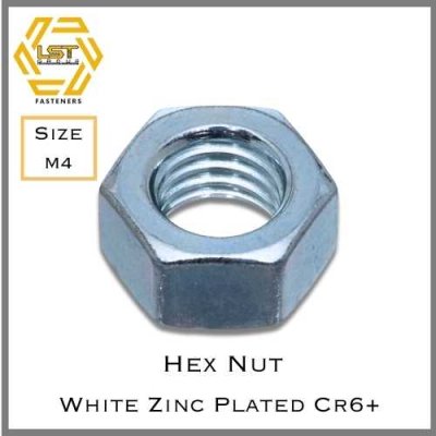 หัวน็อตมิลขาว Hex Nut White Plated Metrics Thread M4