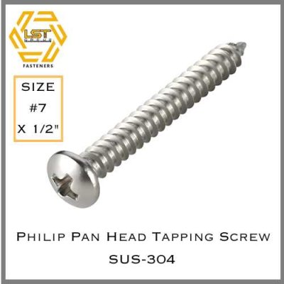 สกรูเกลียวปล่อยสแตนเลส หัว PH SUS-304 เบอร์ #7 x 1/2"
