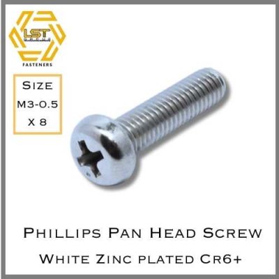สกรู JP หัวเห็ด หัวกระทะ หัว P ชุบซิงค์ขาว Phillips pan Head machine screw zinc plated M3 X 8