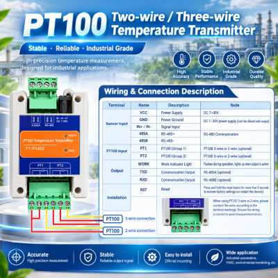 PT100 Temperature Transmitter: RS485 Modbus-RTU Isolated Acquisition Module