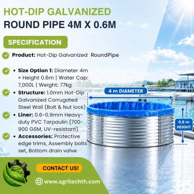 7,000L Galvanized Steel Prefabricated Fish Pond (4m diameter,0.6 m height, 7,000L capacity)