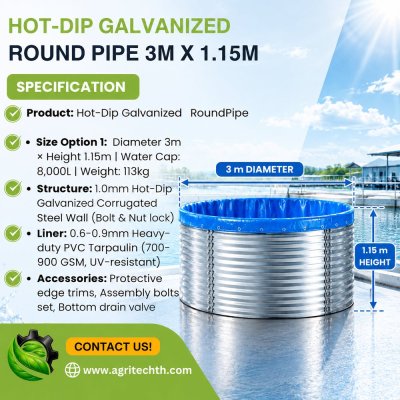 Galvanized steel prefabricated fish pond (3m diameter, 1.15m height, 8,000L capacity)