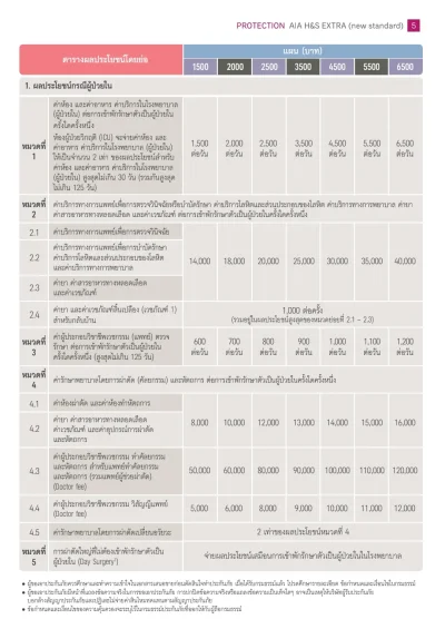 ตารางความคุ้มครองประกันสุขภาพ aia h&s Extra New Health Standard  