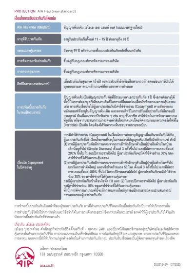 เงื่อนไขการรับประกัน ประกันสุขภาพ AIA-HS Update 08-2025