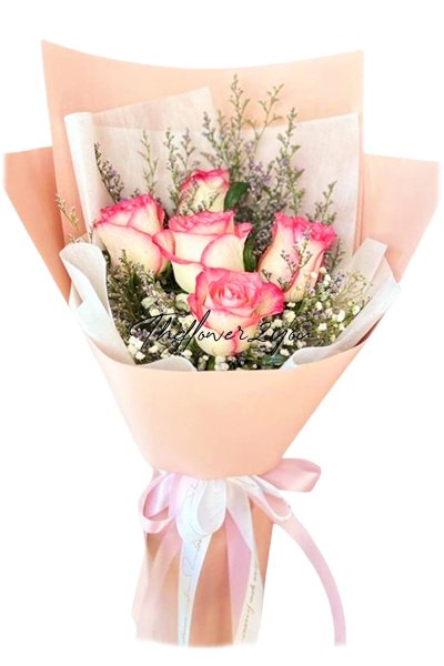 ช่อกุหลาบขาวขอบชมพู 5 ดอก