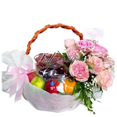 กระเช้าผลไม้ประดับด้วยดอกไม้สด กระเช้าผลไม้ประดับด้วยดอกไม้สด