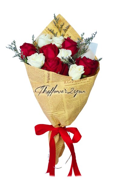 ช่อกุหลาบขาวแดง 10 ดอก ช่อกุหลาบขาวแดง 10 ดอก