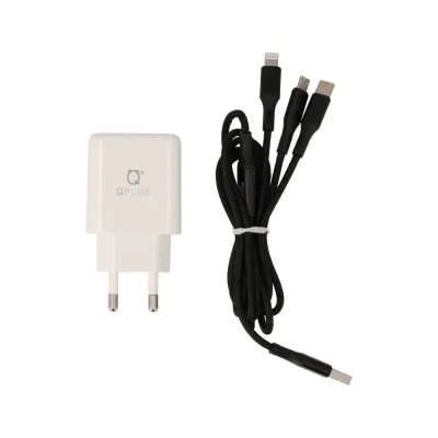 PA014 อะแดปเตอร์พร้อมสายชาร์จ QPLUS Wall USB Charger 2 USB-A (2.4A) + 3-in-1 USB-A to USB-C/Micro/Lightning Cable 1M. White (TISI)
