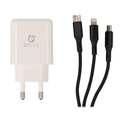 PA014 อะแดปเตอร์พร้อมสายชาร์จ QPLUS Wall USB Charger 2 USB-A (2.4A) + 3-in-1 USB-A to USB-C/Micro/Lightning Cable 1M. White (TISI)