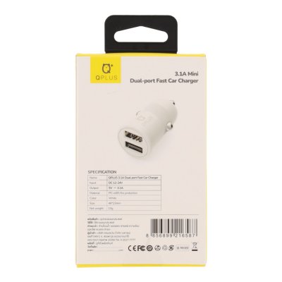 PA001 ที่ชาร์จแบตในรถ QPLUS 2 USB-A (3.1A) White