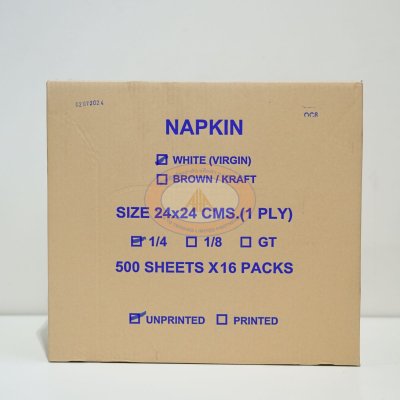 กระดาษเช็ดปาก Napkins 24x24 ซม. 1 ชั้น พับ 4 สีขาว (1x16ห่อx500แผ่น) รวม 8,000 แผ่น