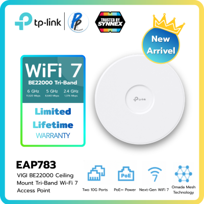 TP-Link EAP783 WiFi 7 Tri-Band 22Gbps - มาพร้อม 2 พอร์ต 10GbE | รองรับ Omada Mesh & PoE++
